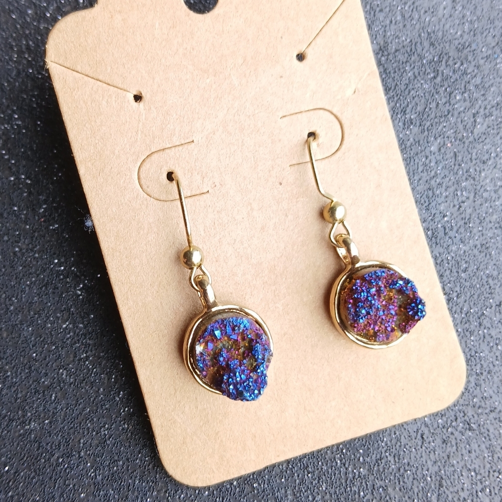 Rainbow titanium druzy dangle earrings with gold hooks new handmade